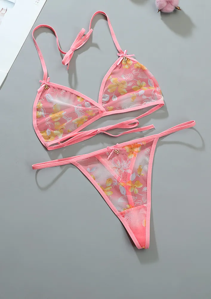 PINK PRINTED MESH (2 PC) LINGERIE SET