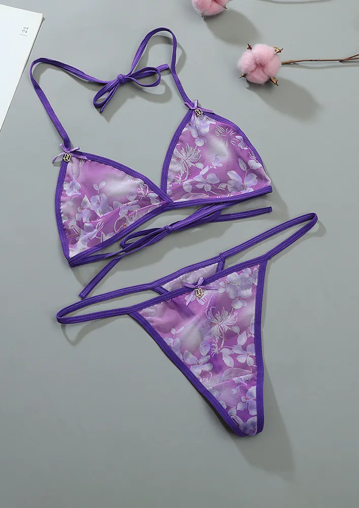 PURPLE PRINTED MESH (2 PC) LINGERIE SET