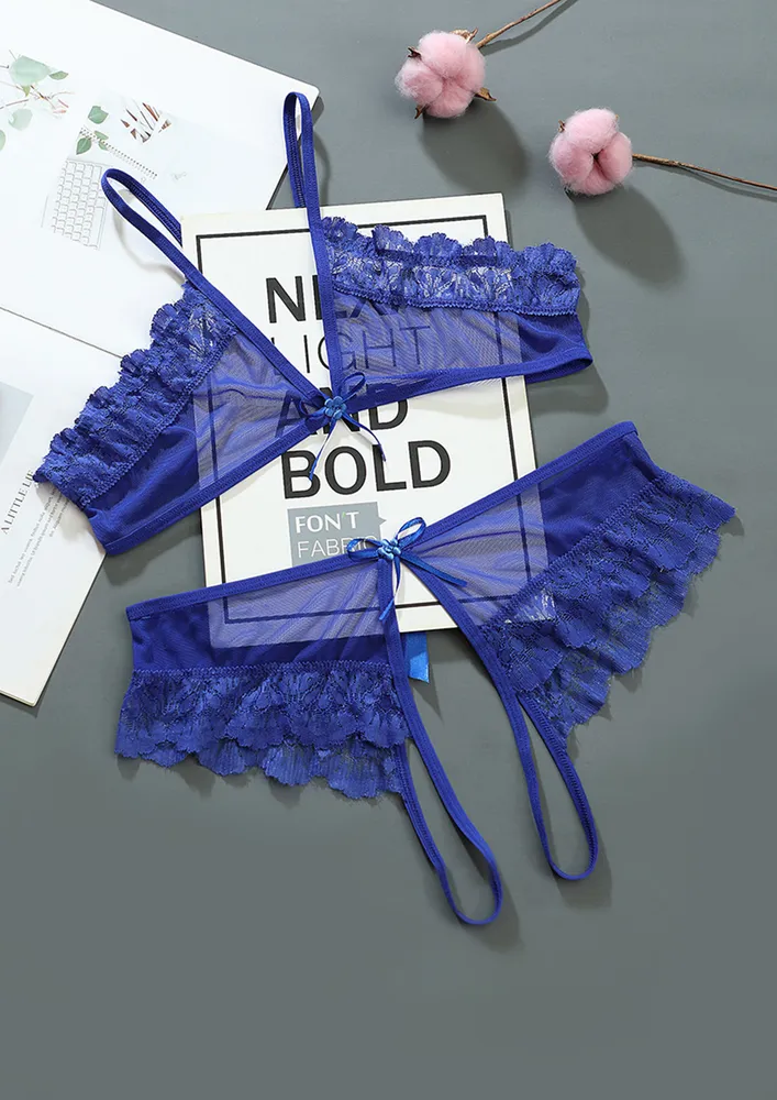 BLUE SHEER-MESH BOW-DETAIL LINGERIE SET