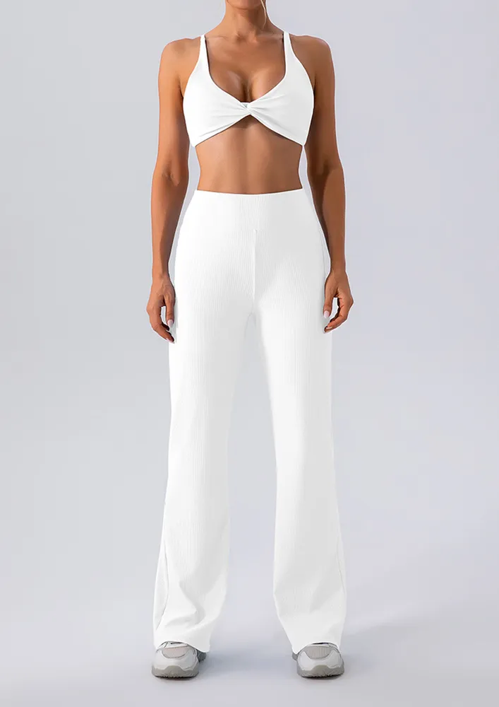 White Ribbed Bootcut Athleisure Pants