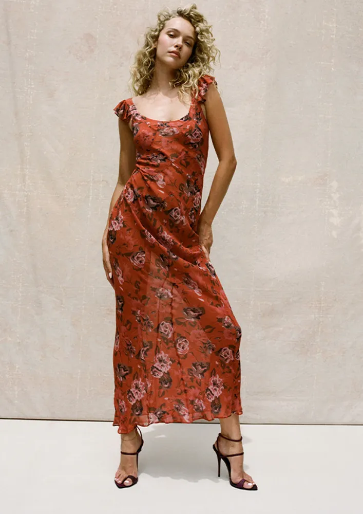 Red Floral Print Slip Long Dress