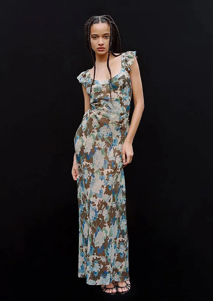 Grey Floral Print Slip Long Dress