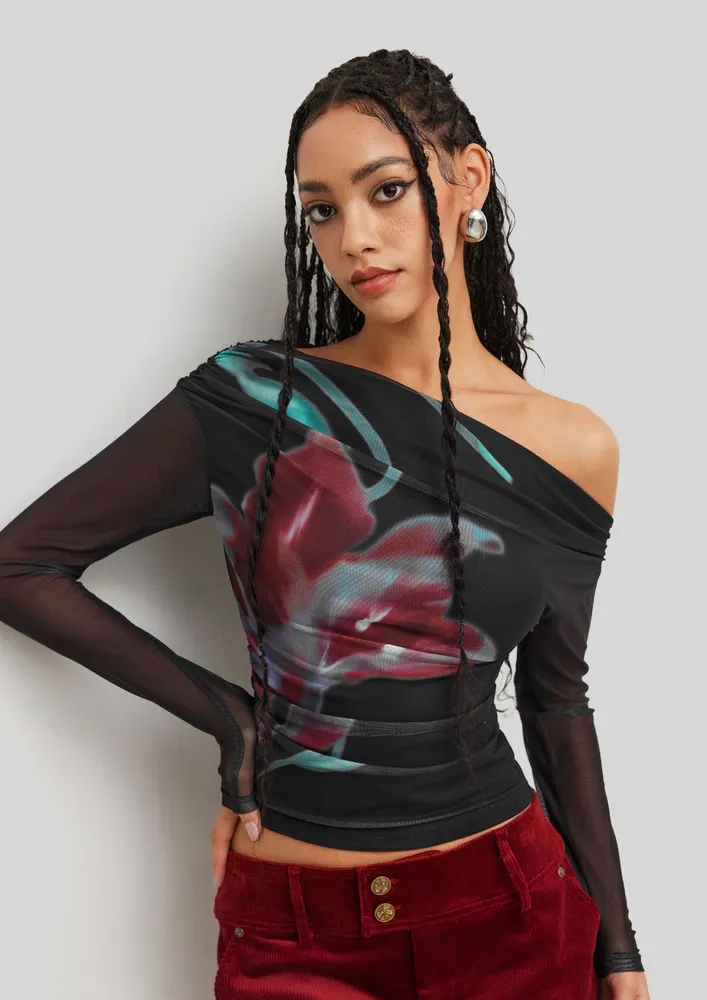 Black One-shoulder Abstract Tulle Top