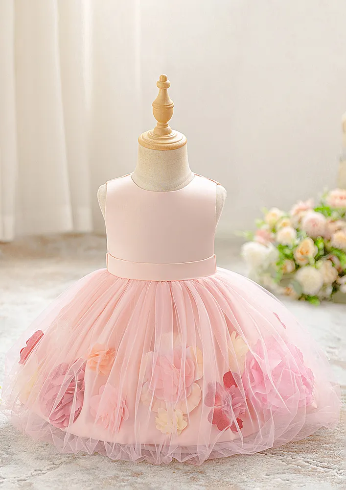 Pink Floral Applique Girls Tulle Dress