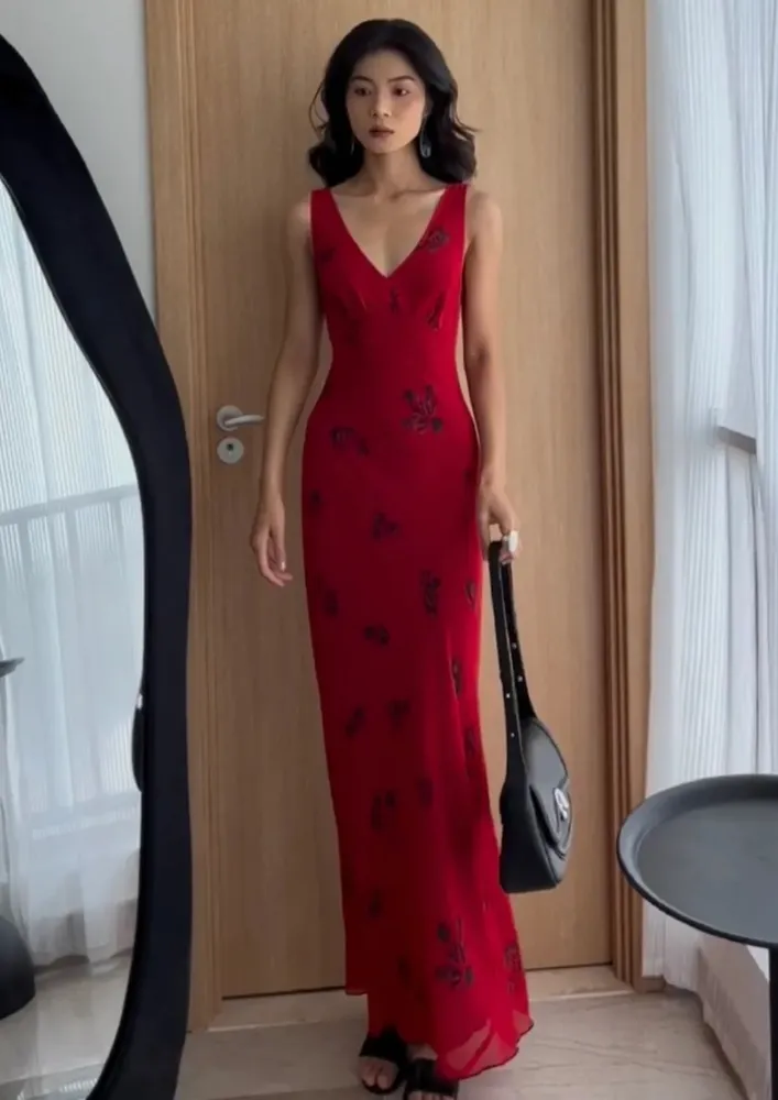 Red V-neck Long Dress
