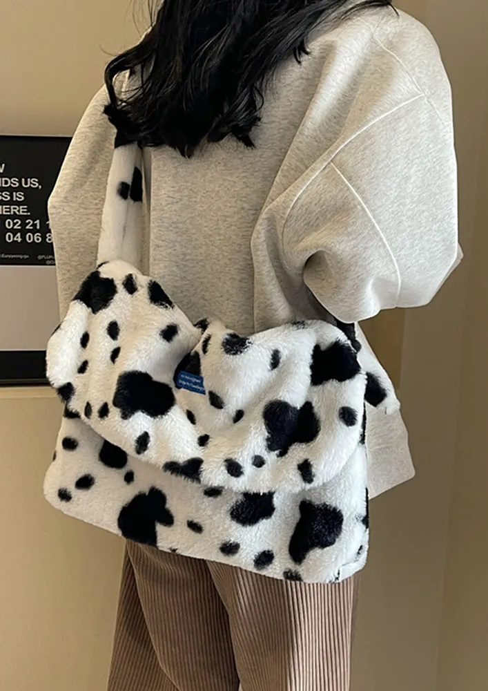 WHITE ANIMAL PRINT SOFT-FUR CROSSBODY BAG