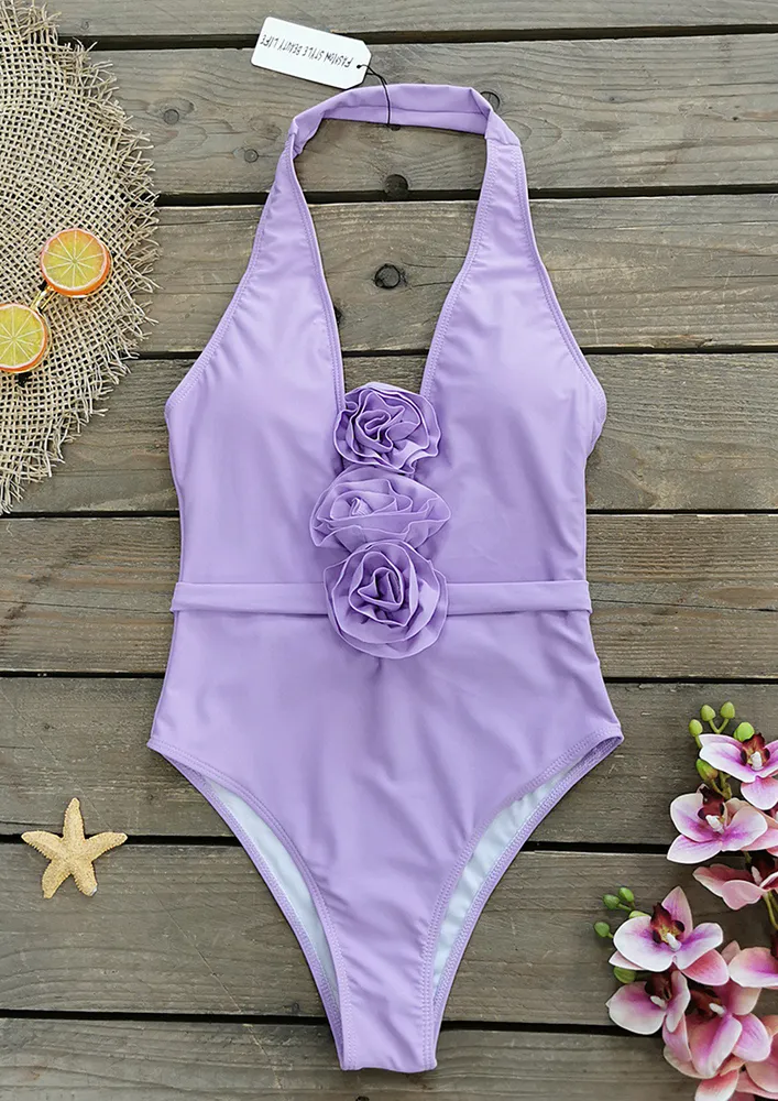 Purple Plunge Neck Swimsuit With Neck Choker