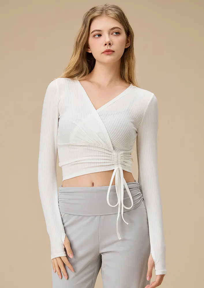 Drawstring V-neck White Activewear Top