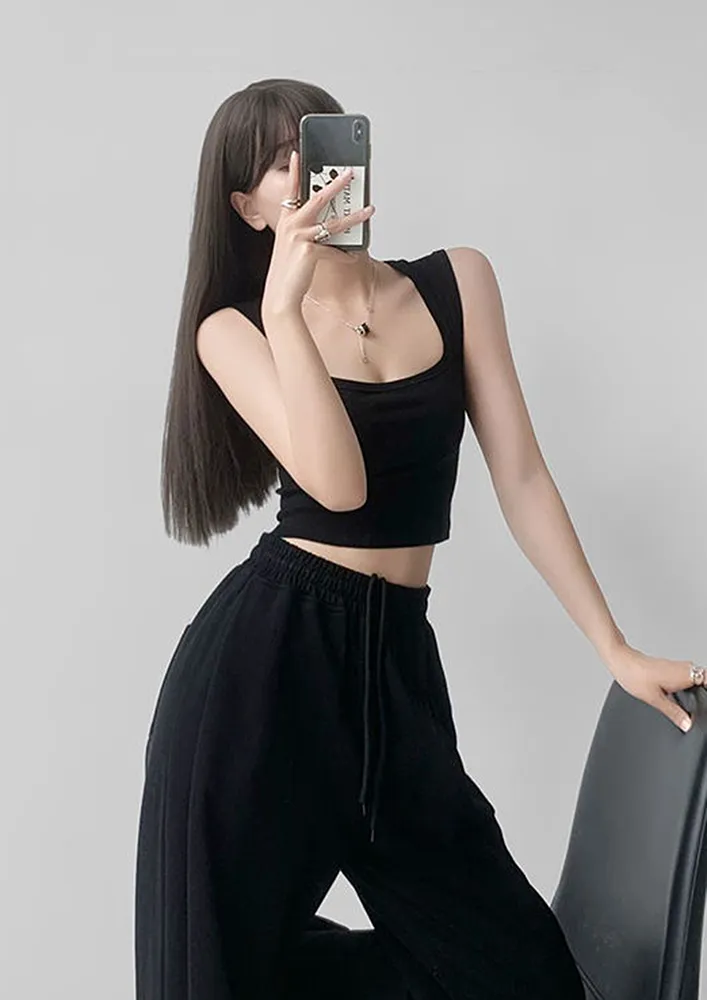 Black Asymmetrical Open-back Y2k Top