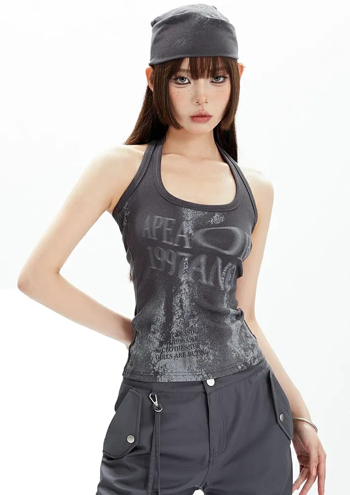 Grey Open-back Graphic Tank Top