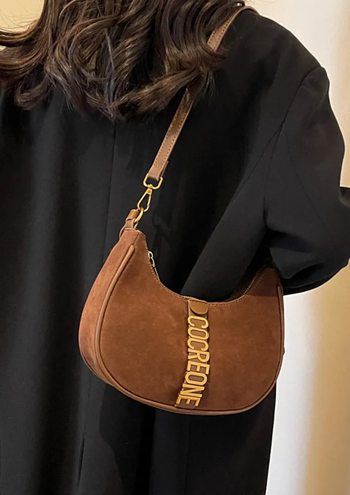 BROWN METALLIC LETTERS DETAIL SHOULDER BAG