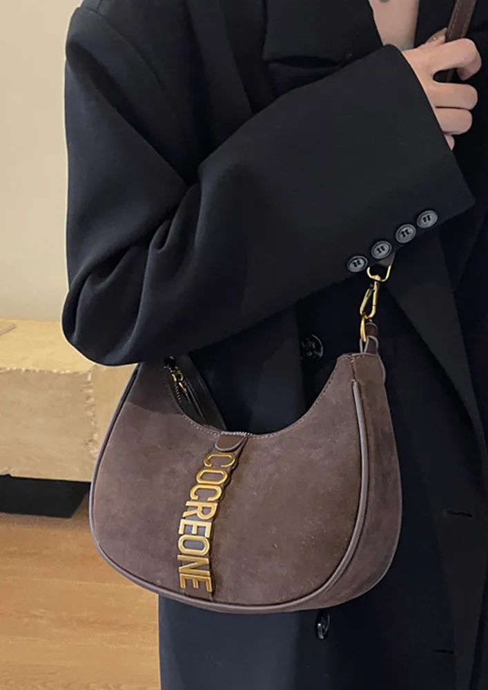 DARK BROWN LETTERS DETAIL SHOULDER BAG