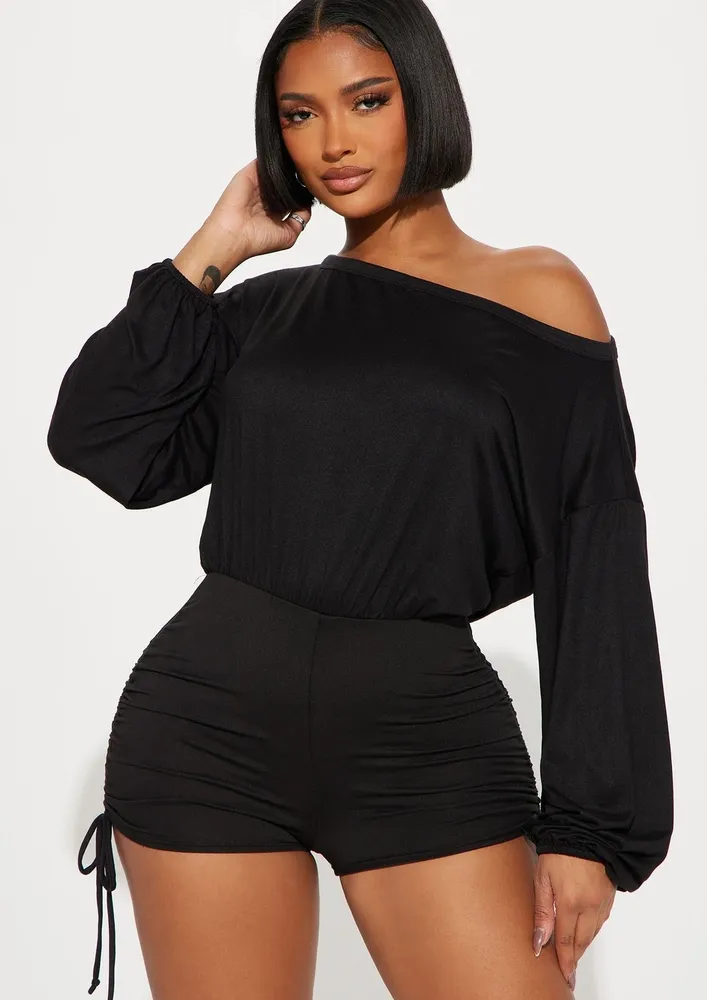 Black Off-shoulder Drawstring Detail Playsuit