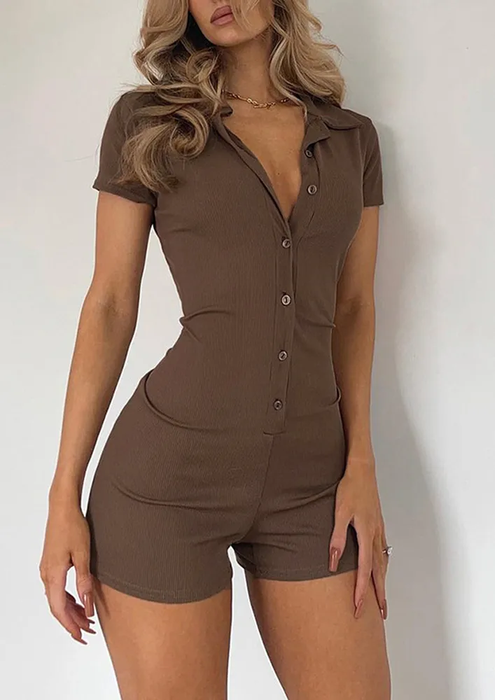 BUTTON-DOWN SEAMLESS BROWN ROMPER