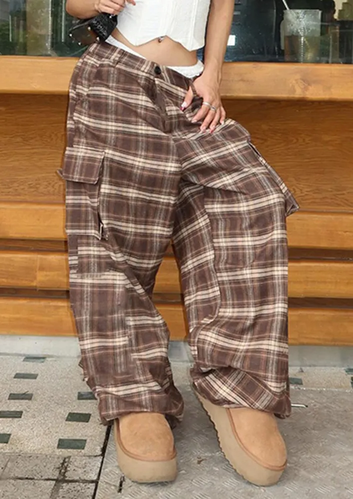 Brown Plaid Pattern Regular Straight Pants