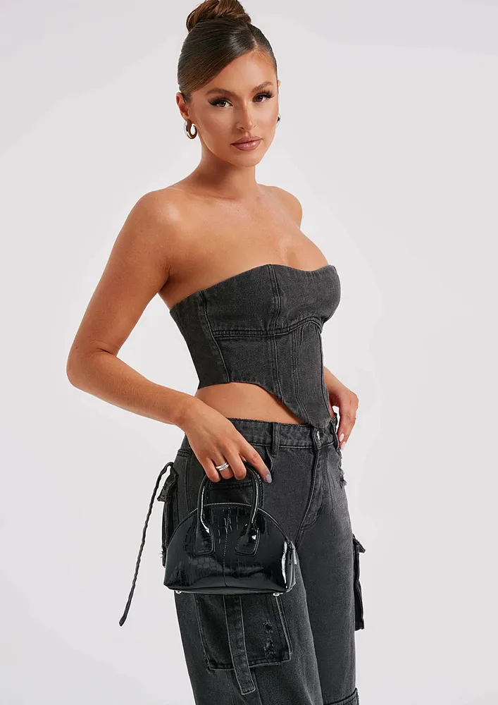 LACE-UP STRAP BLACK DENIM TUBE TOP