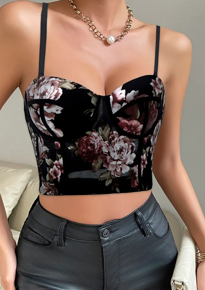 Floral Print Black Corset Top