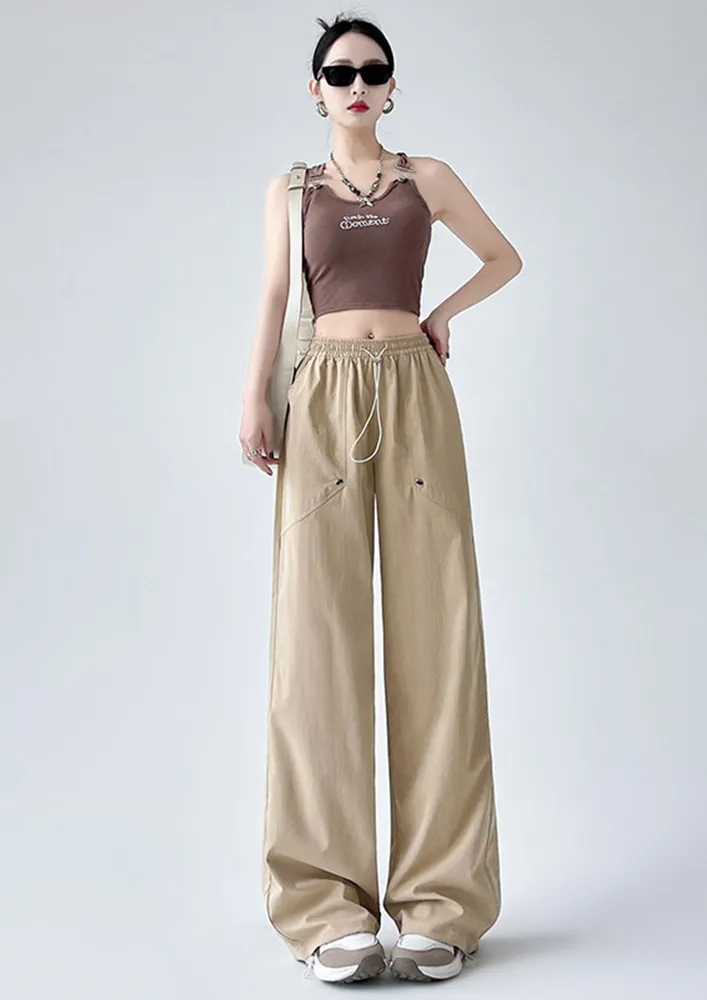 Khaki Nylon Straight Cord Stopper Pants