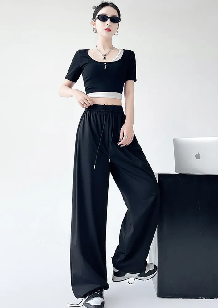 Black Drawstrings-waist Cord Stopper Pants