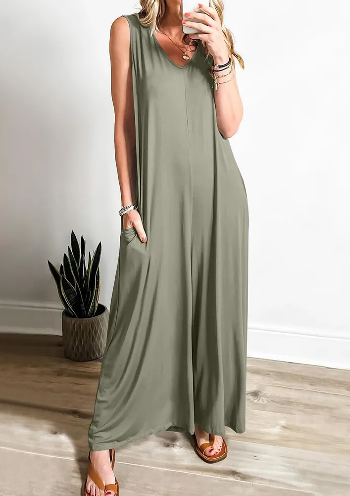 V-neck Wide Leg Green Jumpsuit