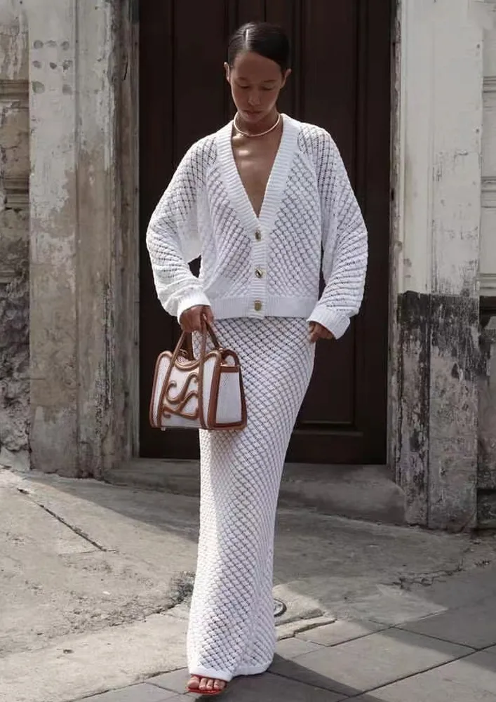 Hollow-knit White 2pc Co-ord Set