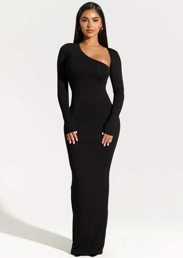Black Asymmetric Neckline Slit Dress