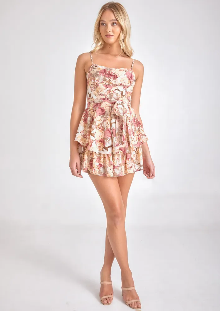 Floral Print Waist Tie-up Tiered Playsuit