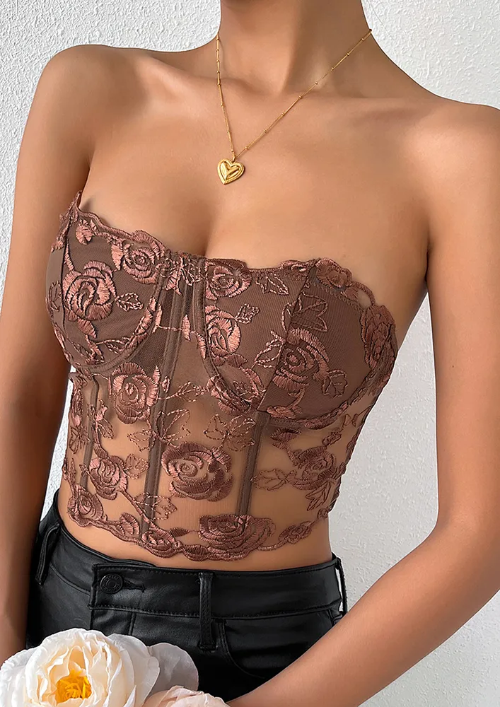 Brown Sheer Lace Strapless Sweetheart Corset