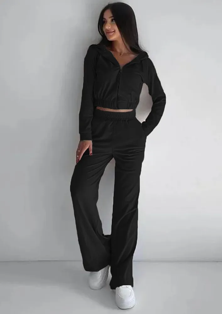 BLACK CROPPED HOODIE & STRAIGHT TROUSER SET