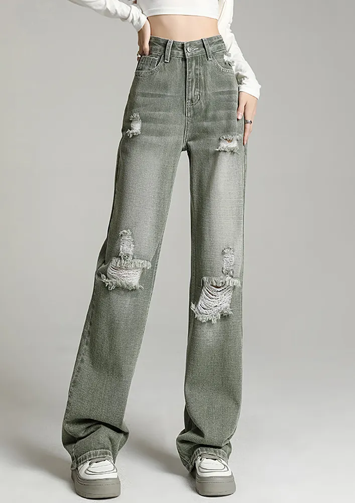 GREEN HIGH-WAIST FRAYED & DISTRESSED JEANS