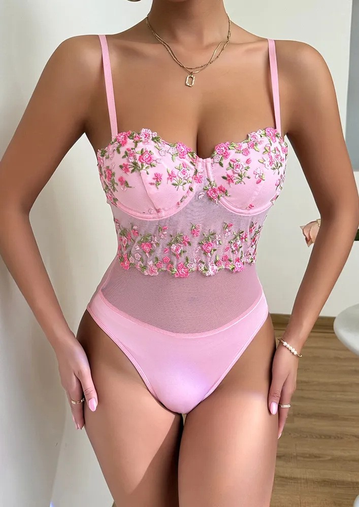 Pink Contrast Floral Embroidery Bodysuit