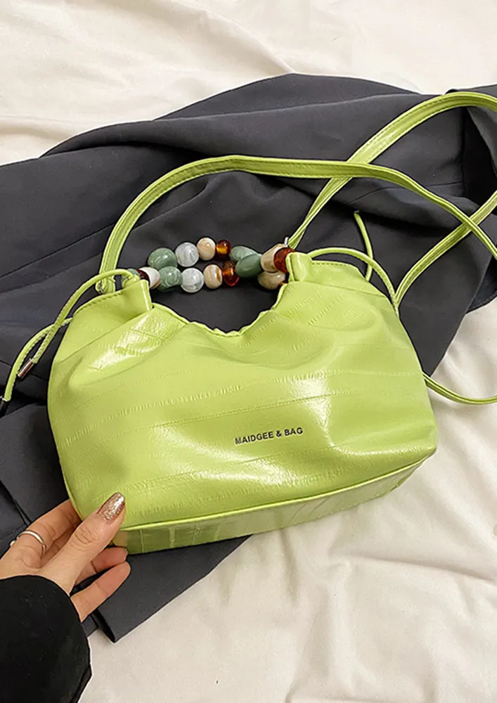 GREEN DOUBLE BEADED HANDLE HANDBAG