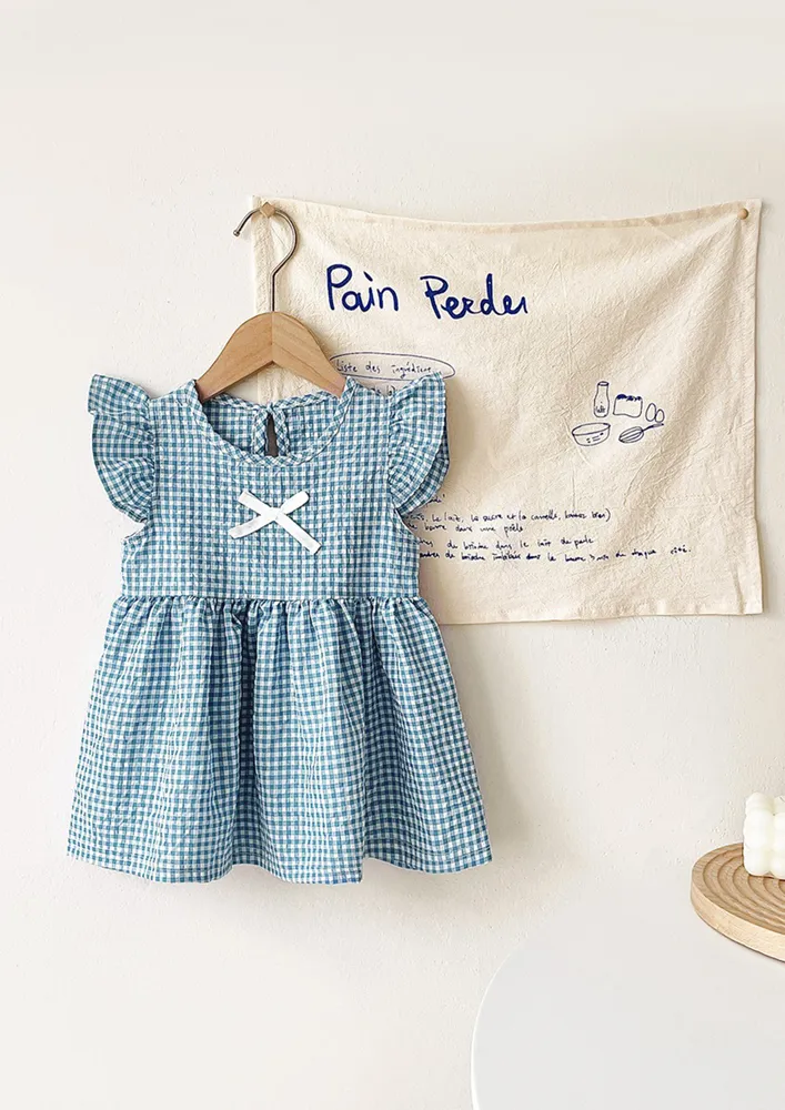 Flutter Sleeve Blue Gingham Check Print Dress