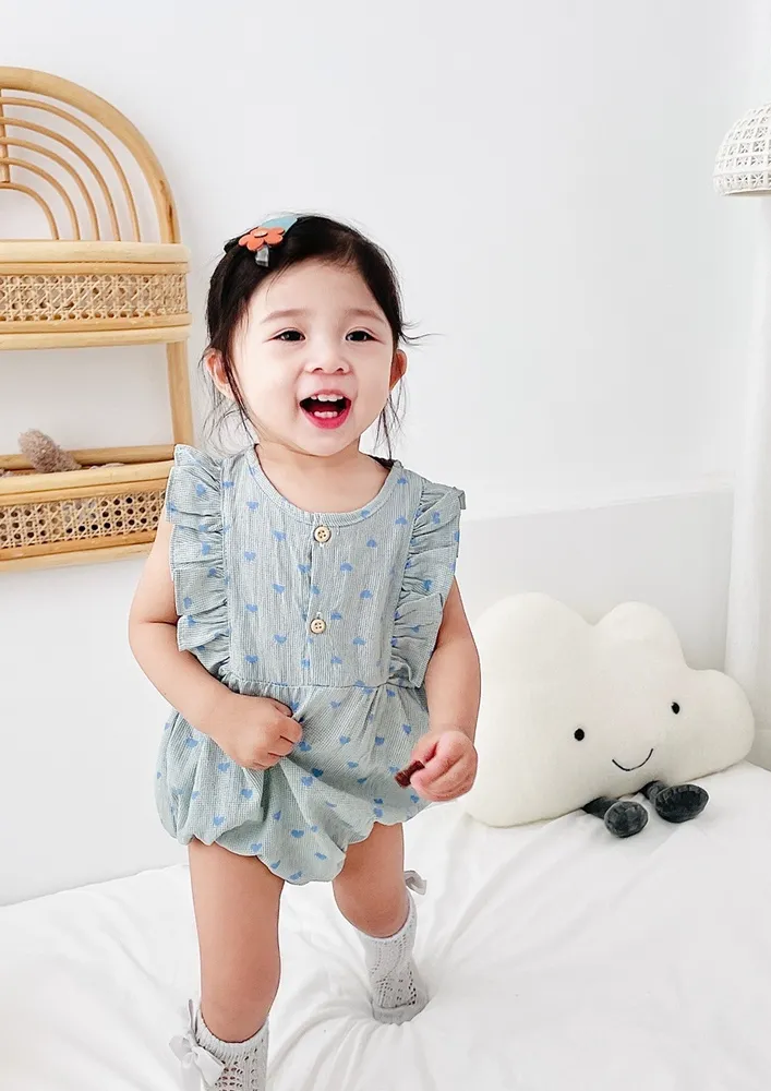 Girls Light Blue Embroidered Check Print Onesie