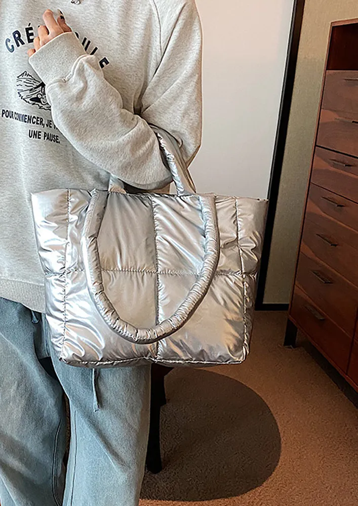 QUILTED METALLIC SILVER TOTE BAG