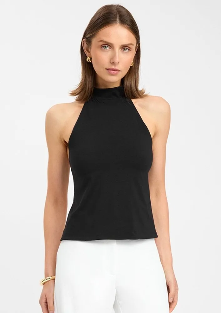 Black Solid Backless Halter Top