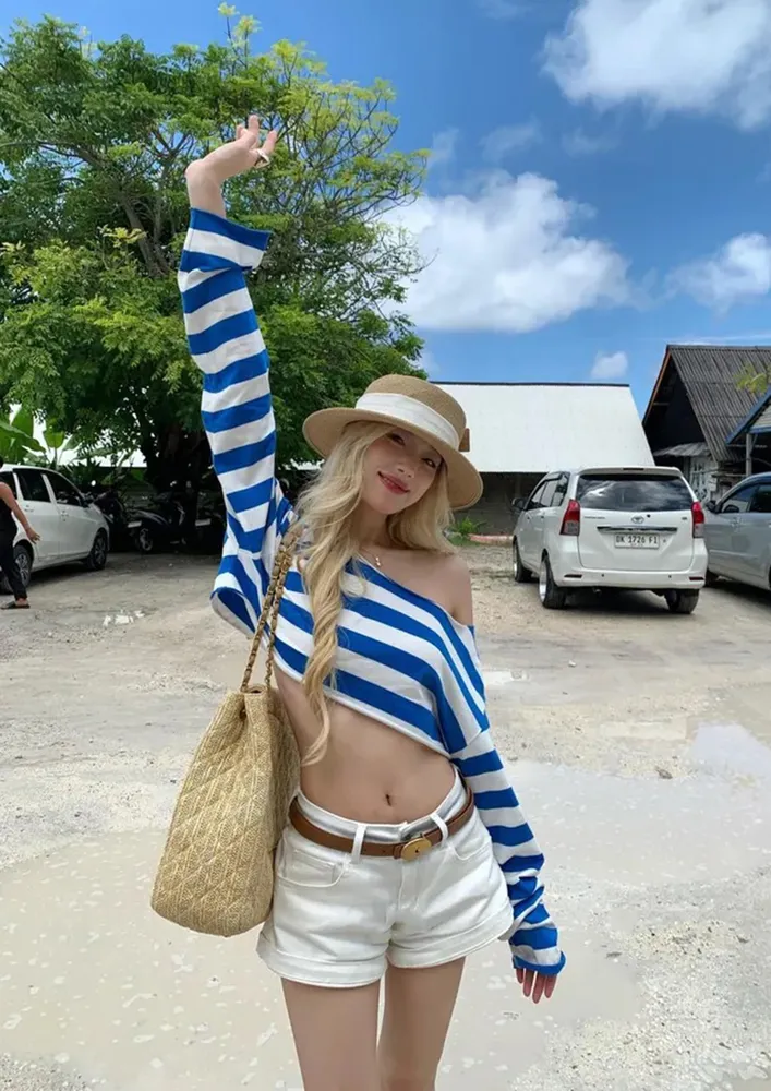 Blue & White Striped Off-shoulder Crop Top