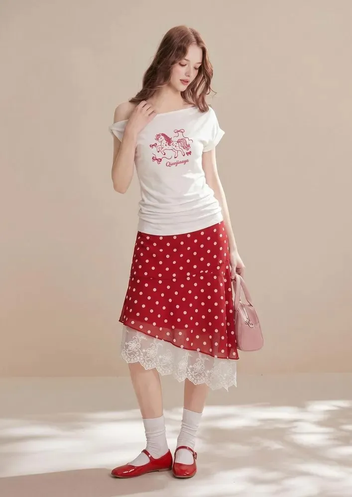 Red Polka Dot Lace Hem Midi Skirt