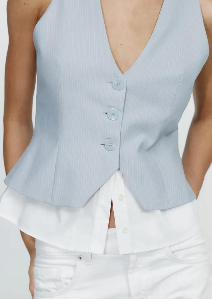 Blue Deep V-neck Waistcoat Top