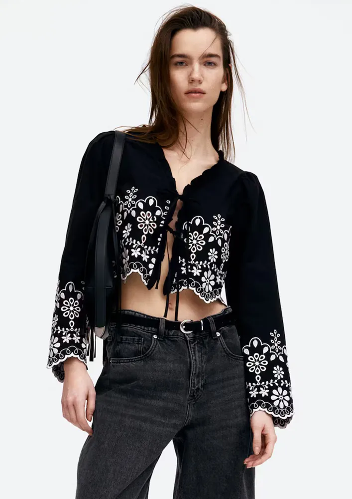 Black Tie-up Embroidered Blouse