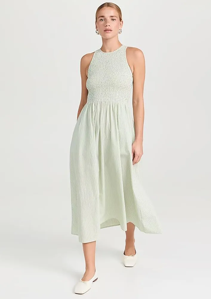 Green Smocked-bodice Midi Dress