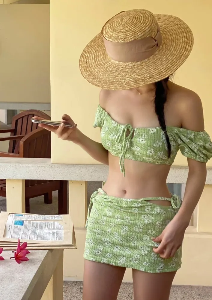 Green Floral Pattern 3-pc Bikini Set