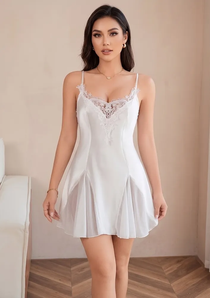 White Lace Trim Neckline Mini Nightdress
