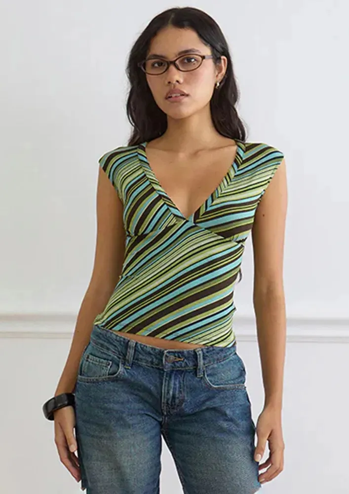 Green Variegated Striped V-neck Top