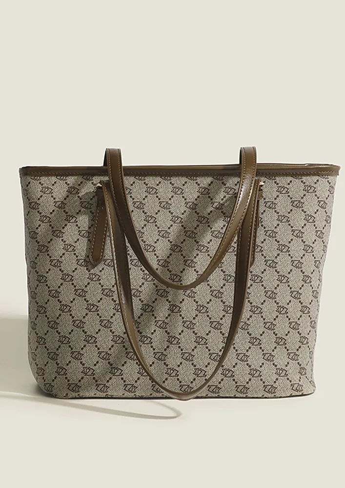 KHAKI PRINTED GEOMETRIC TOTE BAG