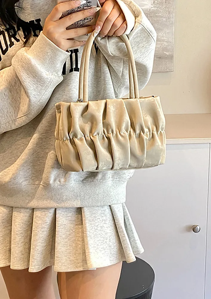 BEIGE GATHERED-DETAIL DOUBLE HANDLE HANDBAG