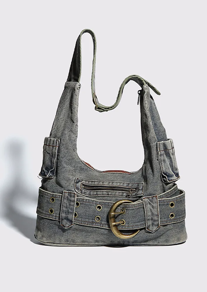 BLUE BUCKLE-BELT DECOR DENIM SHOULDER BAG