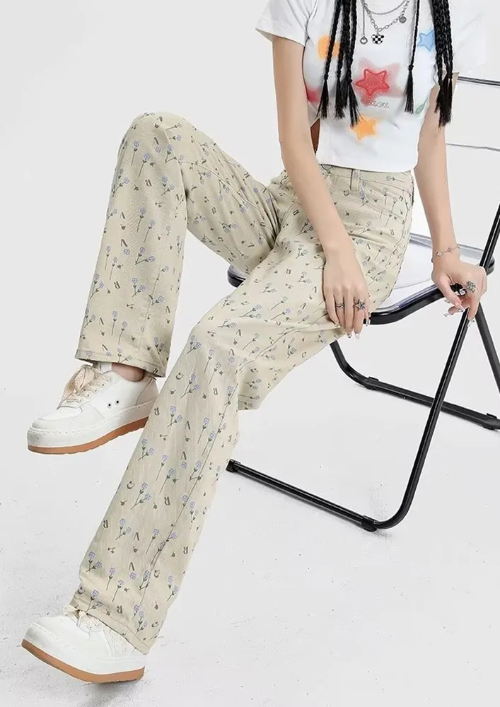 Ditsy Print High-rise Straight Jeans