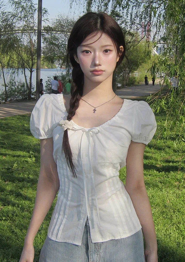 White Puff Sleeve Button-down Top