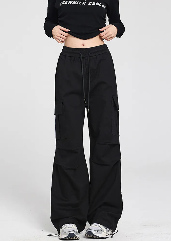 Black Pleated-knee Detail Trousers